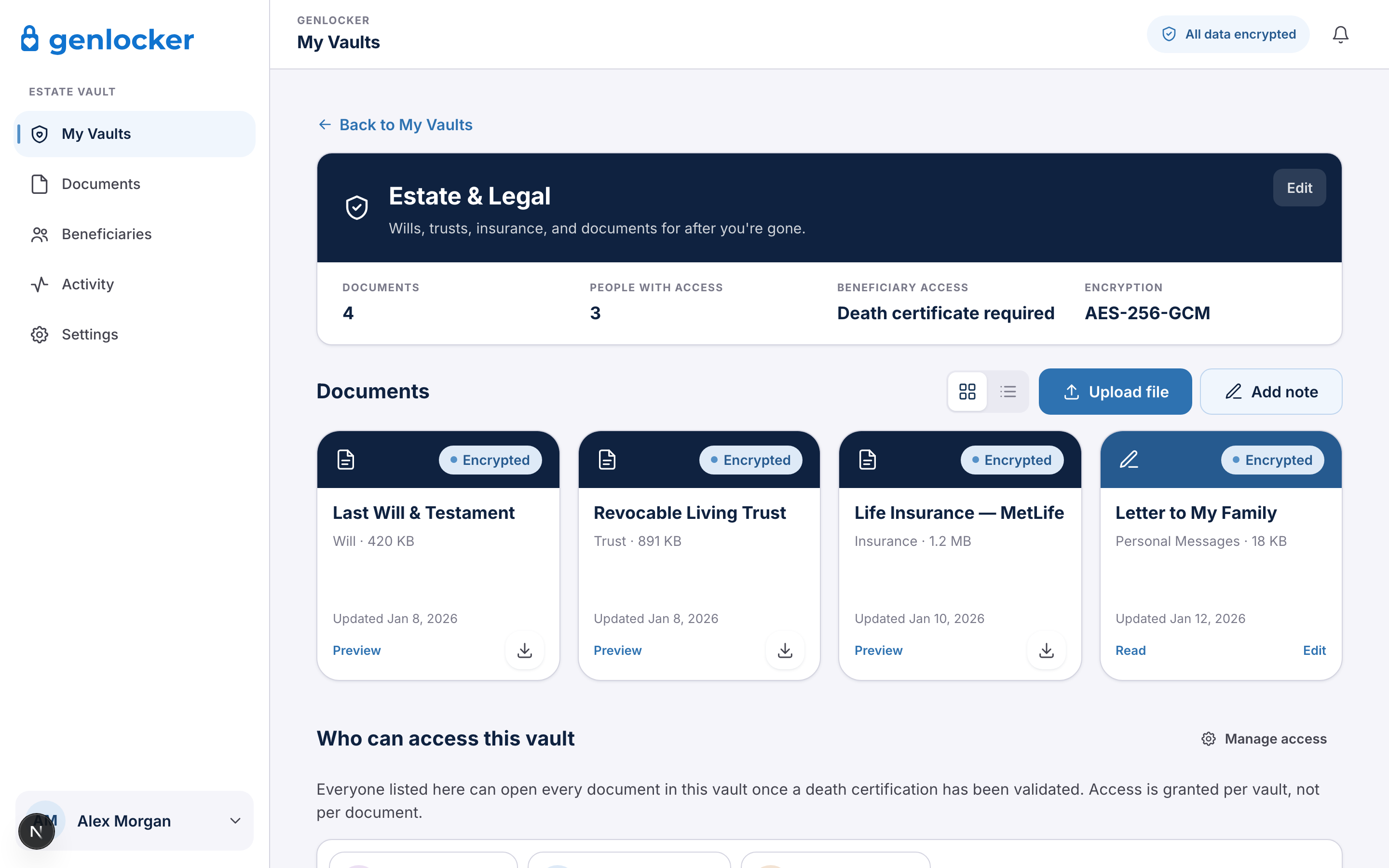 Genlocker vault dashboard showing encrypted estate documents